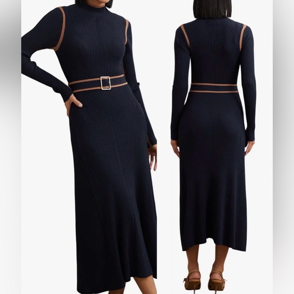 Reiss Dresses & Skirts - NEW REISS Ella Color Blocked Knitted Belted Midi Navy/Caramel Dress sz M